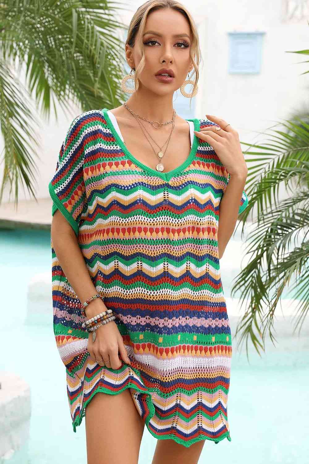 Angel Wings Rainbow Stripe Scalloped V-Neck Cover-Up Dress for a perfect OOTD – dress to impress outfits from Amexza