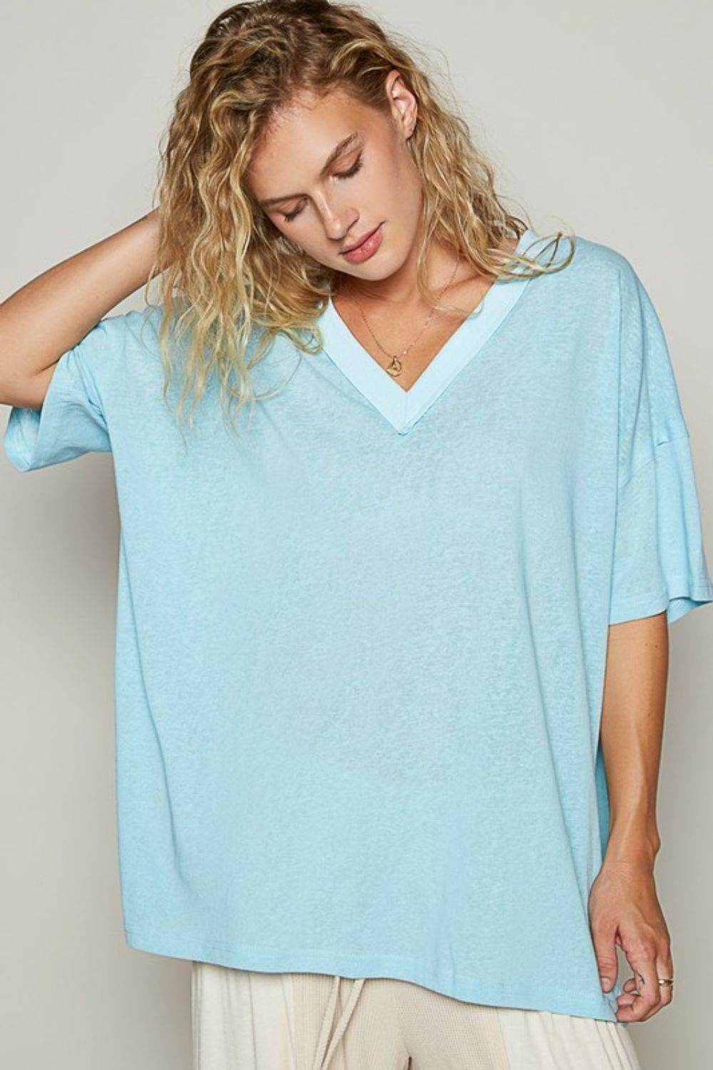 POL V-Neck Half Sleeve T-Shirt Pastel Blue for a perfect OOTD – dress to impress outfits from Amexza