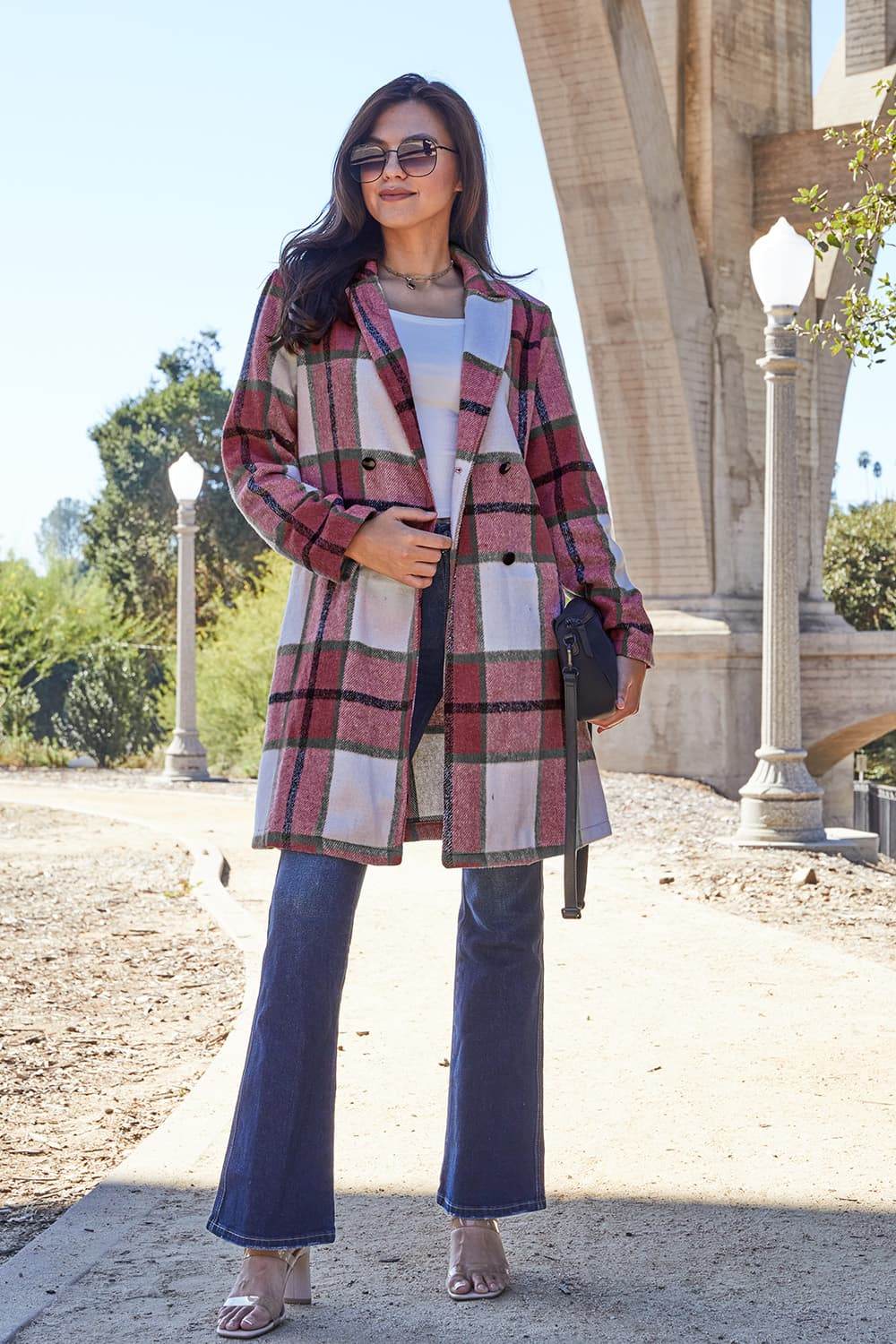 Double Take Full Size Plaid Button Up Lapel Collar Coat Deep Red for a perfect OOTD – dress to impress outfits from Amexza