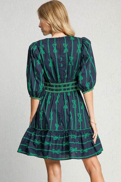 Umgee Ribbon Print Frill Contrast Velvet Trim Half Sleeve Dress for a perfect OOTD – dress to impress outfits from Amexza