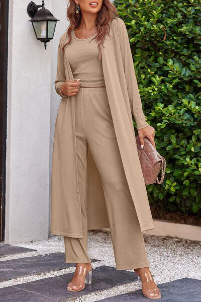 Drawstring Tank, Long Sleeve Cover Up and Pants Set Tan for a perfect OOTD – dress to impress outfits from Amexza