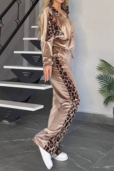 Full Size Collared Neck Leopard Zip Up Top and Pants Set Plus Size for a perfect OOTD – dress to impress outfits from Amexza