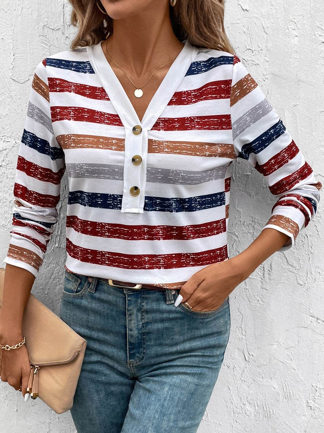 Contrast Striped V-Neck Long Sleeve T-Shirt Stripe for a perfect OOTD – dress to impress outfits from Amexza