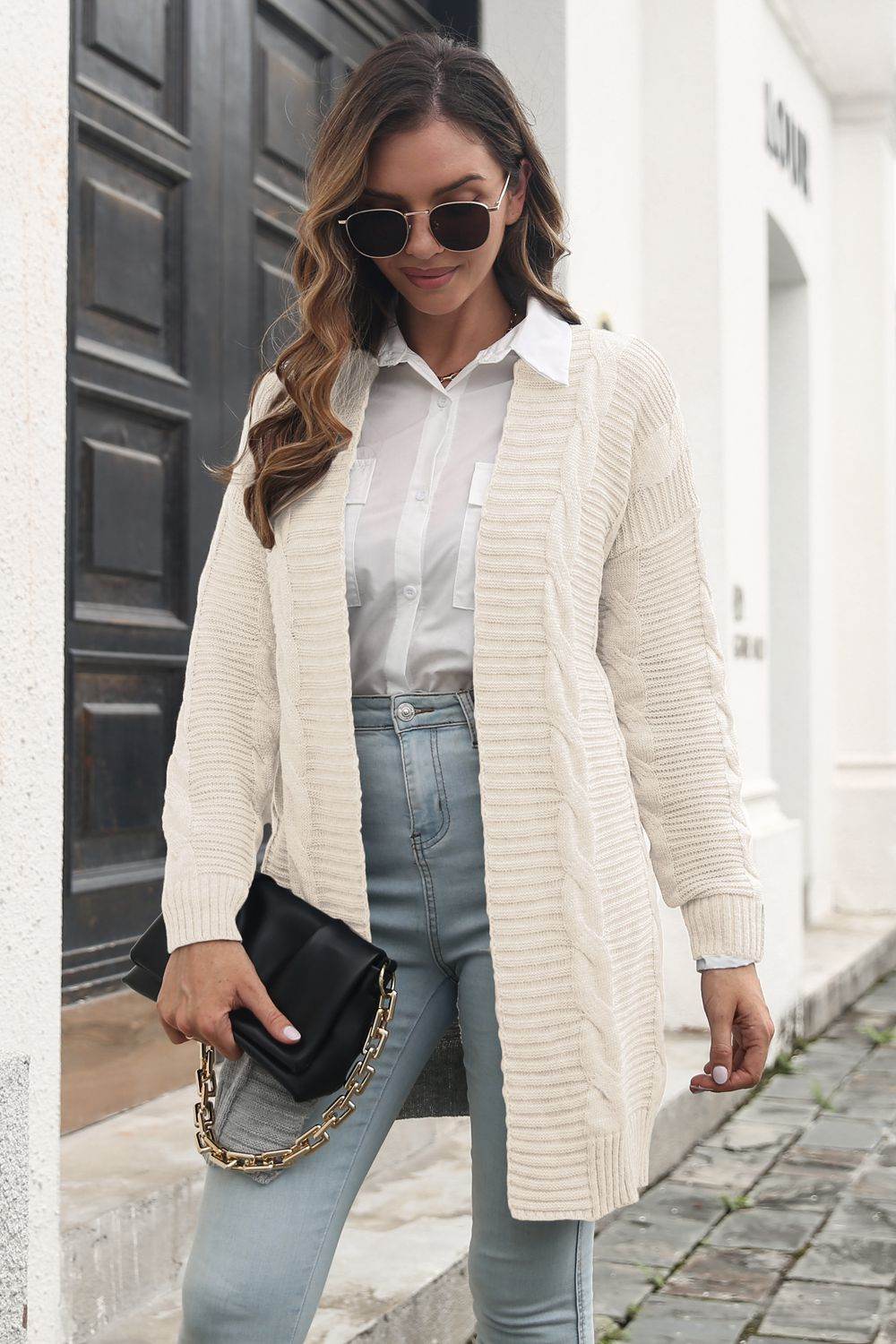 Open Front Cable-Knit Cardigan Ivory for a perfect OOTD – dress to impress outfits from Amexza