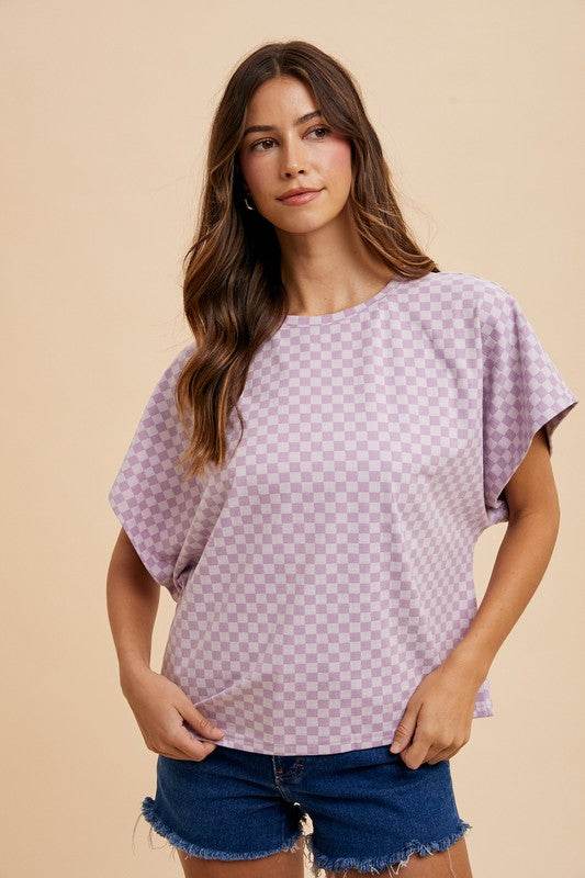 Annie Wear Checkered Round Neck Short Sleeve T-Shirt Lavender for a perfect OOTD – dress to impress outfits from Amexza