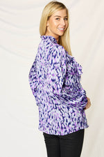 Double Take Full Size Printed Ruffle Trim Balloon Sleeve Shirt - Amexza