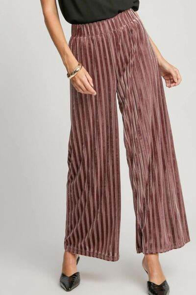 Umgee Full Size Elastic Waist Striped Wide Leg Velvet Pants Burgundy for a perfect OOTD – dress to impress outfits from Amexza