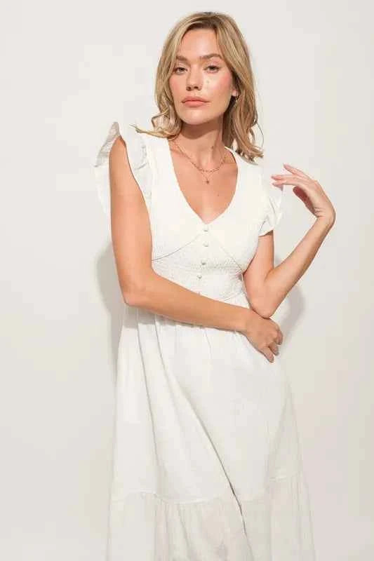 And The Why Ruffle Sleeve Front Smocked Tiered Midi Dress