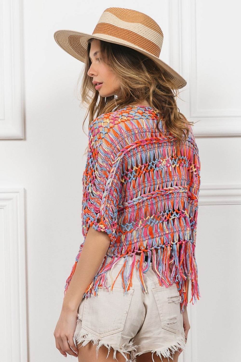 BiBi Open Front Fringed Crop Knit Cardigan for a perfect OOTD – dress to impress outfits from Amexza