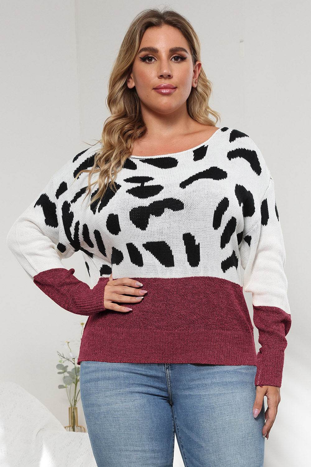 Plus Size Leopard Round Neck Long Sleeve Sweater Wine for a perfect OOTD – dress to impress outfits from Amexza