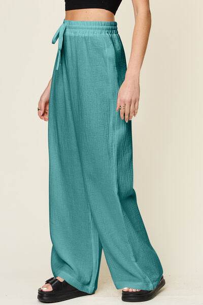 Double Take Full Size Texture Drawstring Wide Leg Pants for a perfect OOTD – dress to impress outfits from Amexza