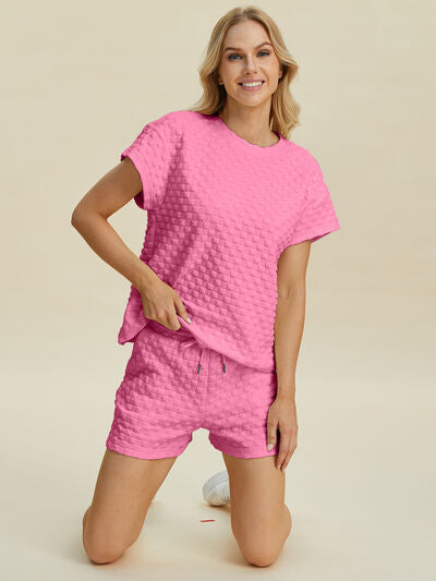 Double Take Full Size Texture T-Shirt and Shorts Set Pink for a perfect OOTD – dress to impress outfits from Amexza