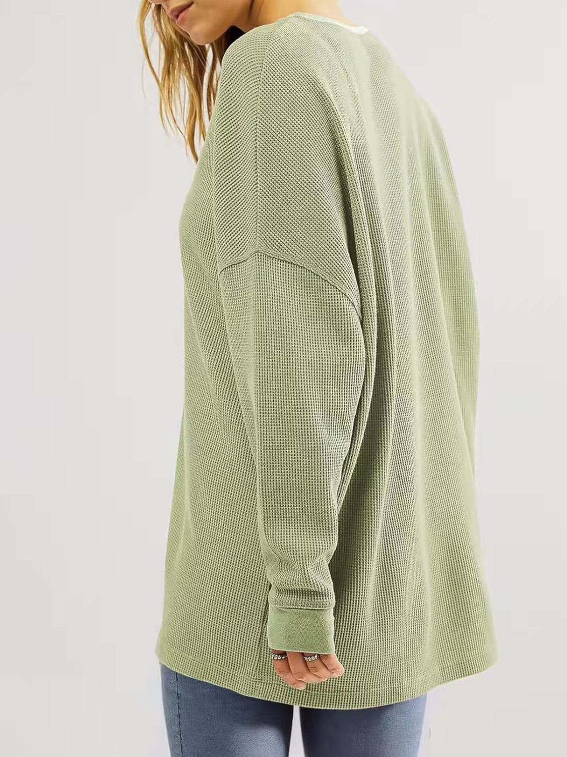 Waffle Knit Round Neck Long Sleeve T-Shirt for a perfect OOTD – dress to impress outfits from Amexza