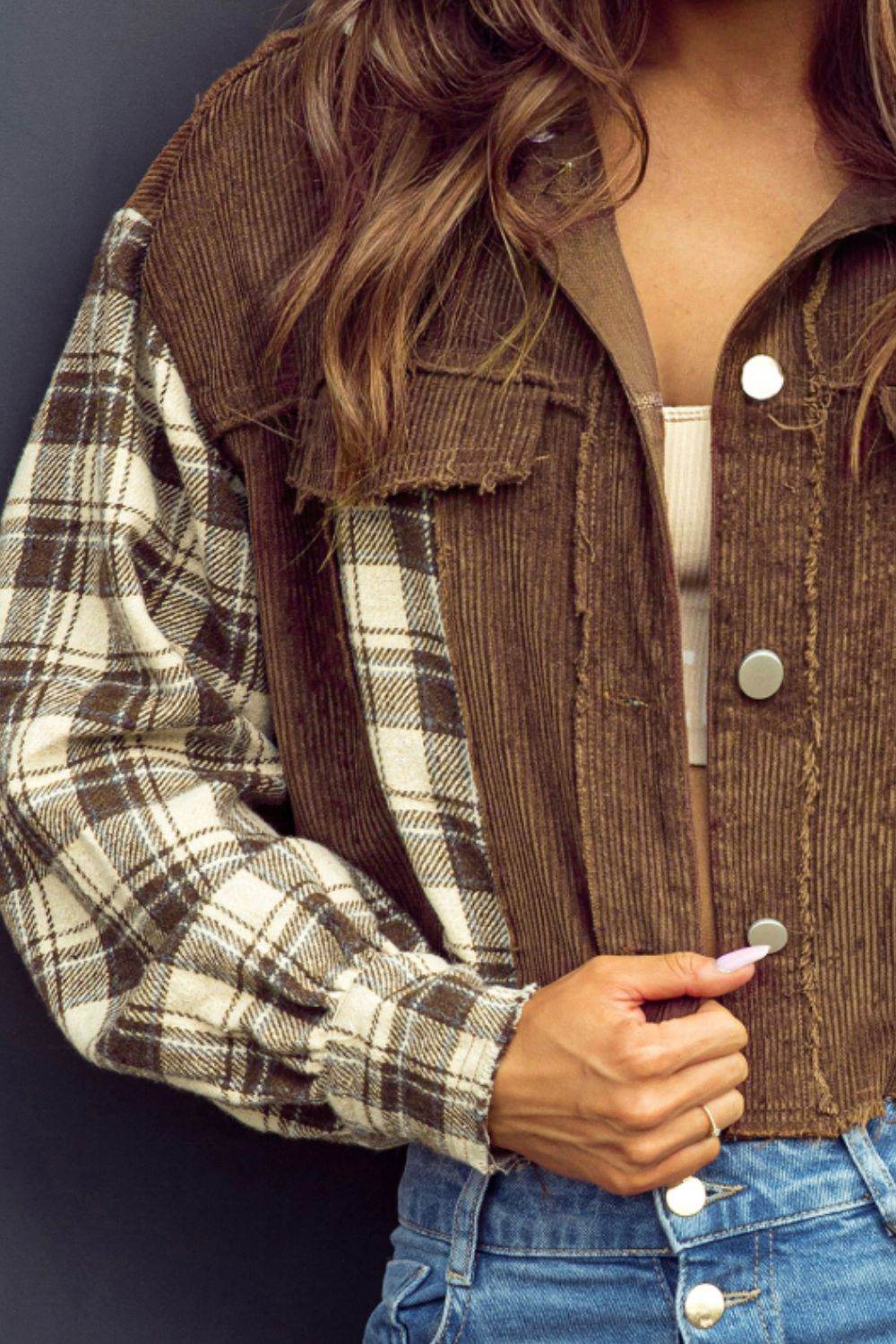 Raw Hem Plaid Cropped Hooded Jacket - Amexza