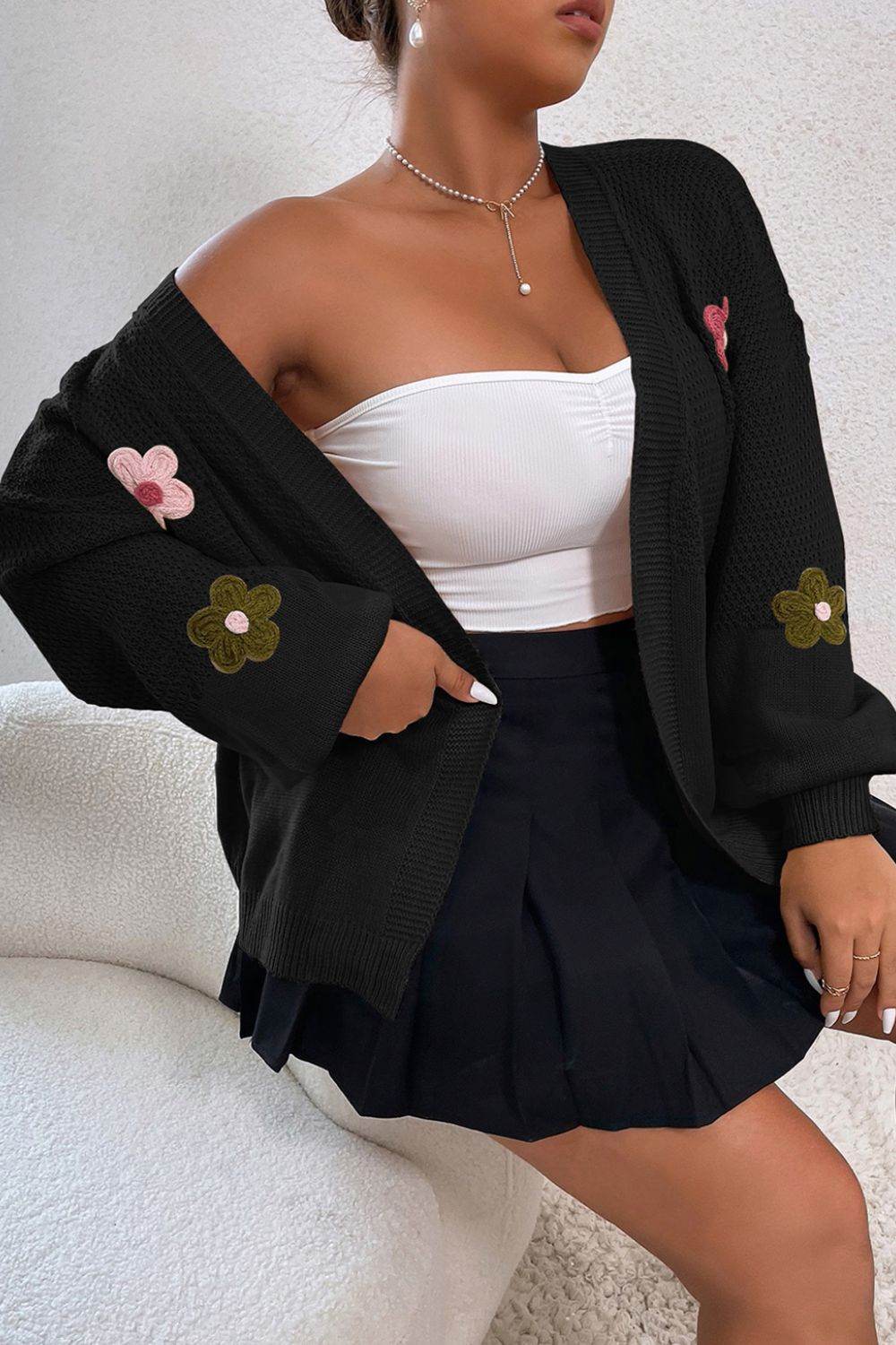 Floral Applique Drop Shoulder Open Front Cardigan - Amexza