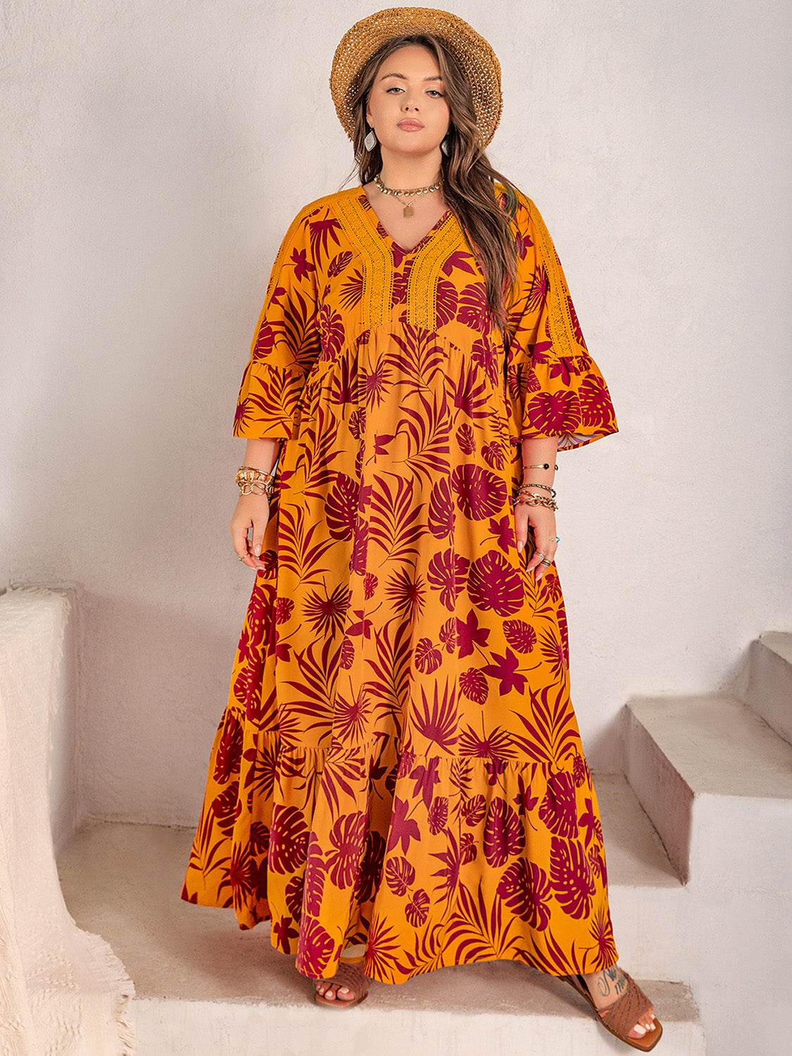 Plus Size Lace Detail Printed V-Neck Maxi Dress - Amexza