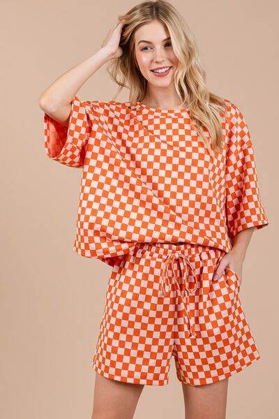 Ces Femme Checkered Round Neck Top and Shorts Set Orange for a perfect OOTD – dress to impress outfits from Amexza