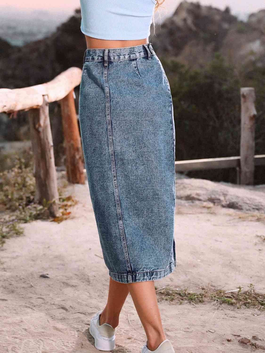 Button Down Denim Skirt - Amexza