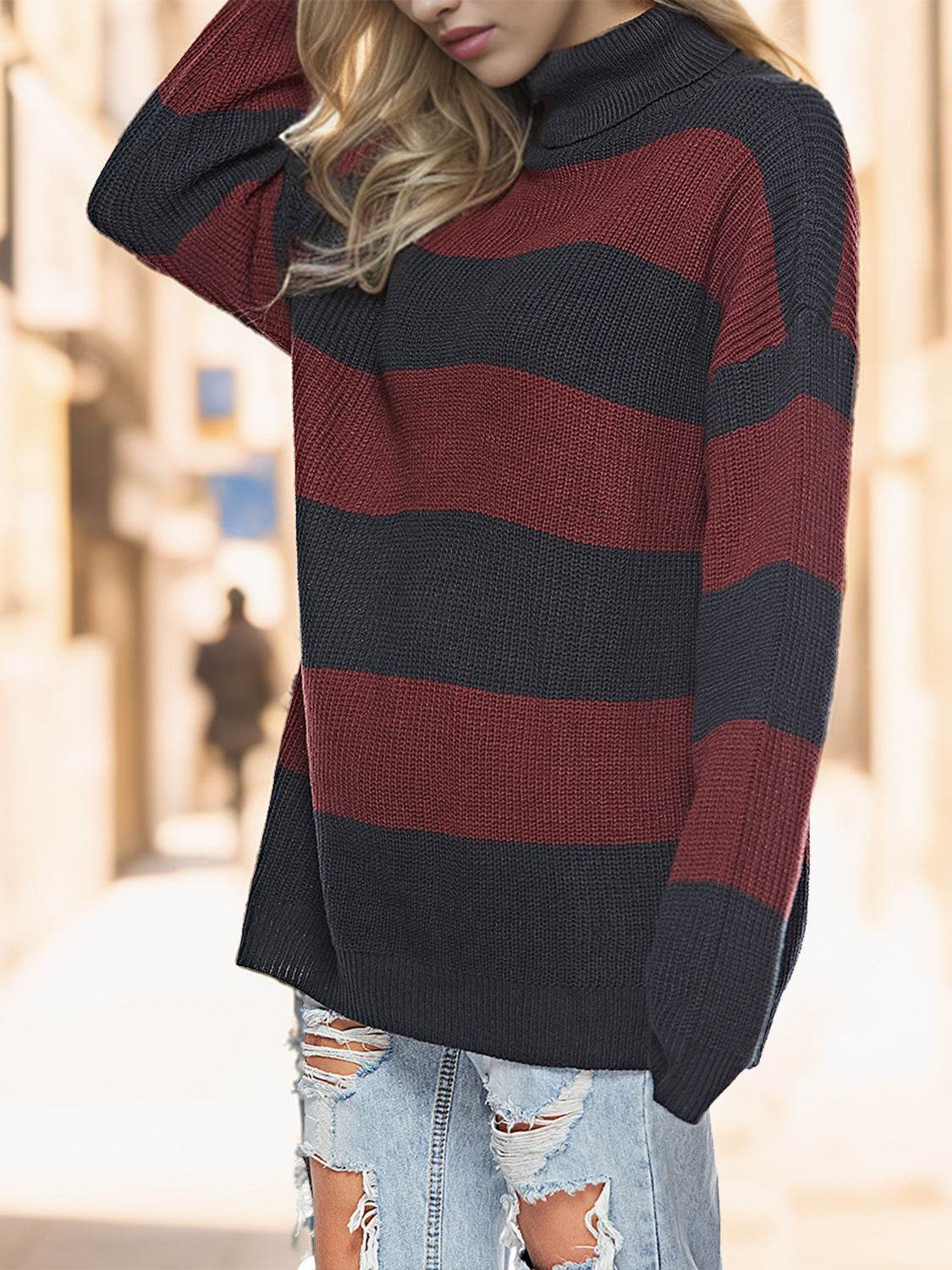 Striped Turtleneck Long Sleeve Sweater for a perfect OOTD – dress to impress outfits from Amexza