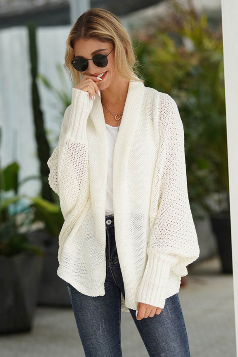 Open Front Batwing Sleeve Cardigan White One Size for a perfect OOTD – dress to impress outfits from Amexza