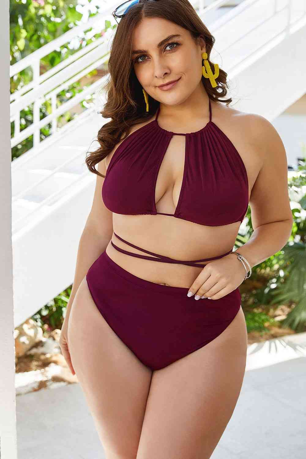 Plus Size Cutout Tied Backless Bikini Set Red for a perfect OOTD – dress to impress outfits from Amexza