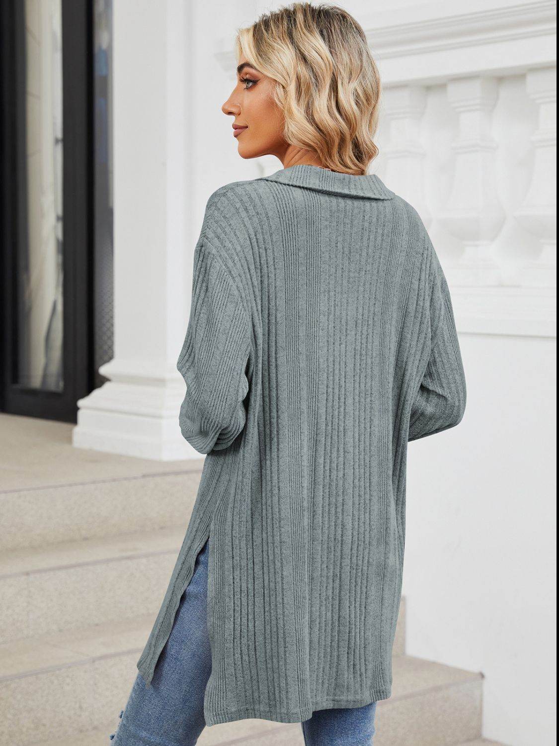 Slit Johnny Collar Long Sleeve T-Shirt for a perfect OOTD – dress to impress outfits from Amexza