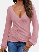 Waffle Knit Surplice Long Sleeve T-Shirt - Amexza