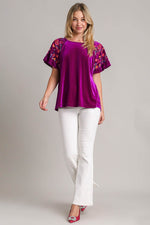 Umgee Full Size Velvet Embroidery Short Sleeve Blouse - Amexza