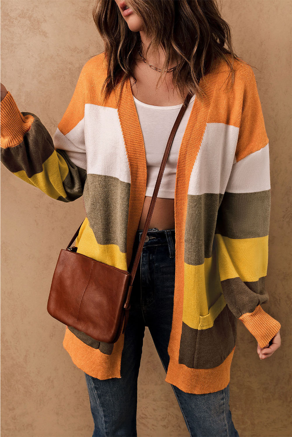 Color Block Lantern Sleeve Open Front Cardigan with Pockets Stripe for a perfect OOTD – dress to impress outfits from Amexza