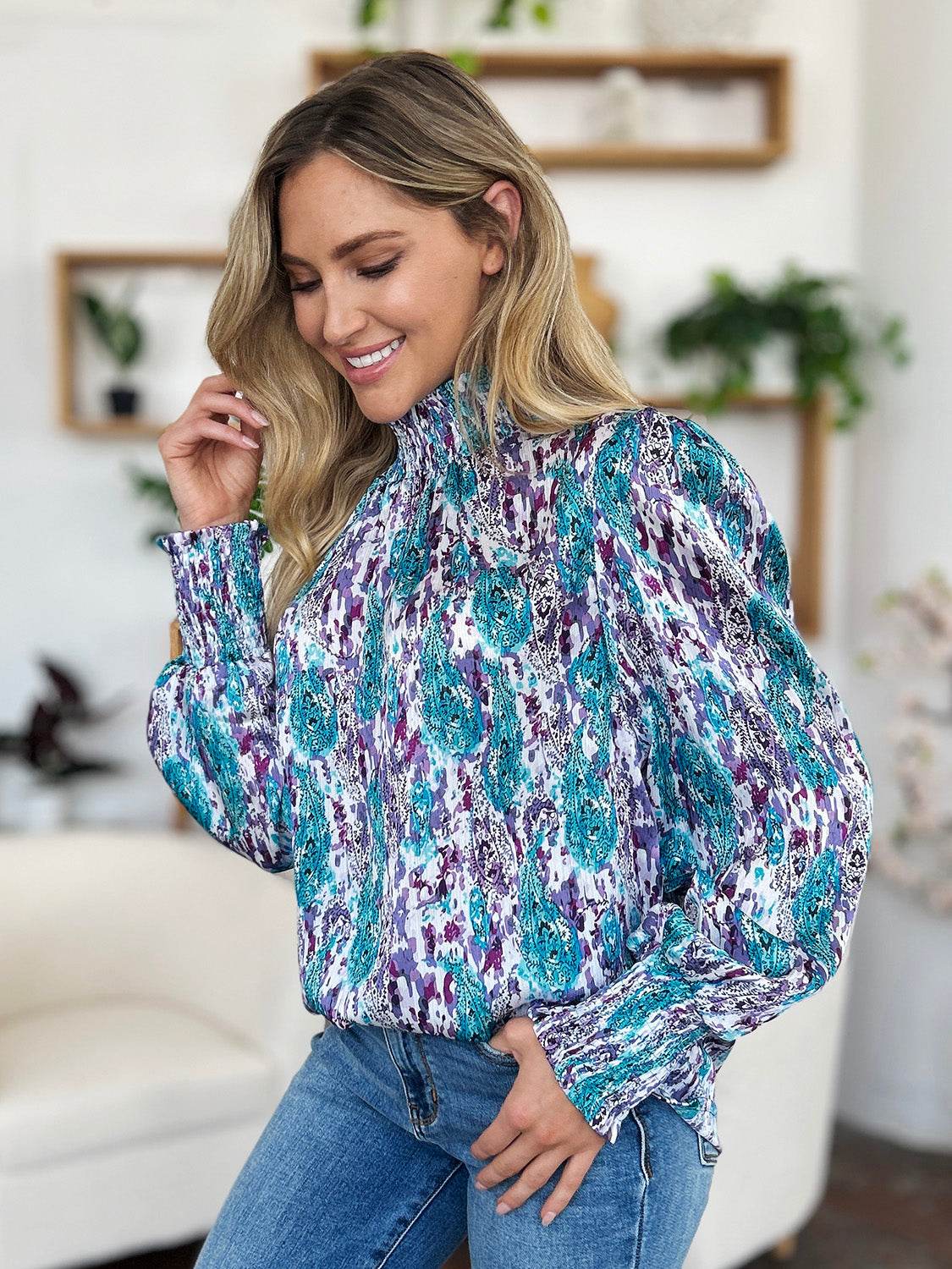 Double Take Full Size Printed Smocked Long Sleeve Blouse for a perfect OOTD – dress to impress outfits from Amexza