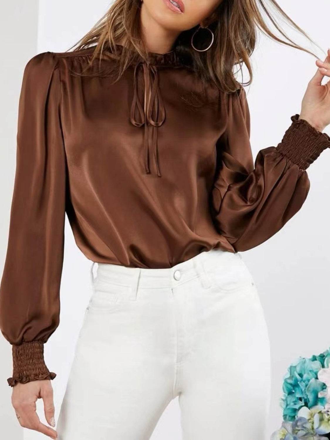 Frill Tied Lantern Sleeve Blouse Brown for a perfect OOTD – dress to impress outfits from Amexza