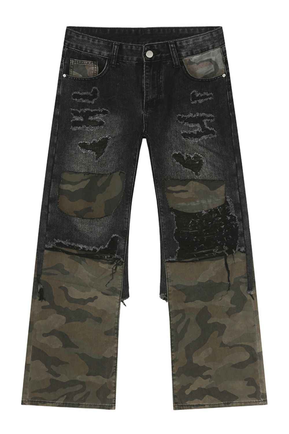 Distressed Camouflage Patchwork Jeans for a perfect OOTD – dress to impress outfits from Amexza