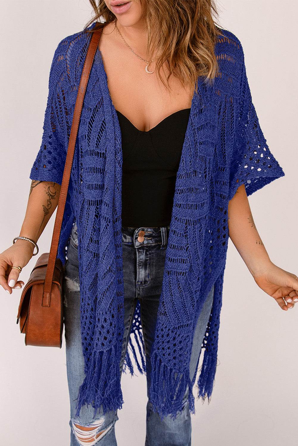 Openwork Open Front Cardigan with Fringes for a perfect OOTD – dress to impress outfits from Amexza