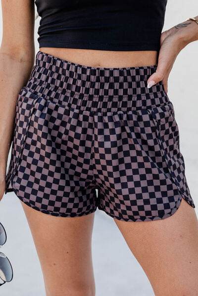 Checkered Elastic Waist Shorts - Amexza