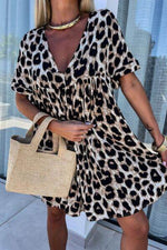 Cutout Back Leopard V-Neck Short Sleeve Mini Dress Leopard for a perfect OOTD – dress to impress outfits from Amexza