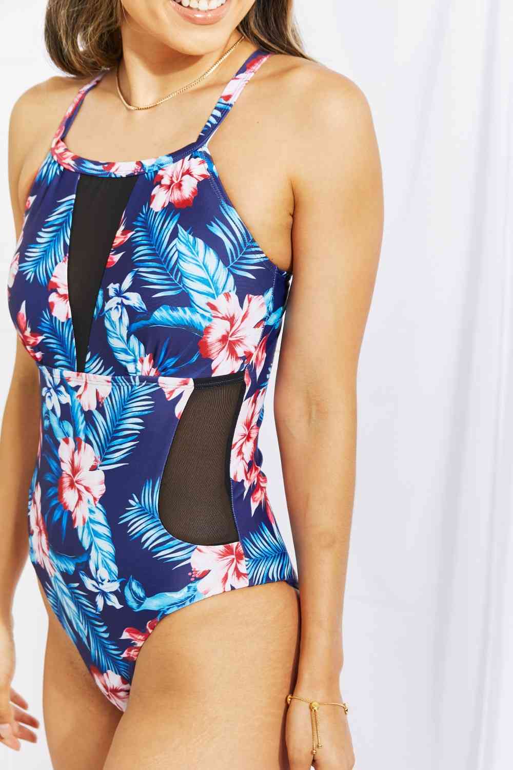 Floral Crisscross Spliced Mesh One-Piece Swimsuit for a perfect OOTD – dress to impress outfits from Amexza