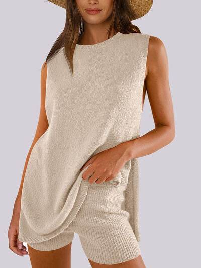 Mandy Side Slit Round Neck Tank and Shorts Sweater Set Dust Storm for a perfect OOTD – dress to impress outfits from Amexza