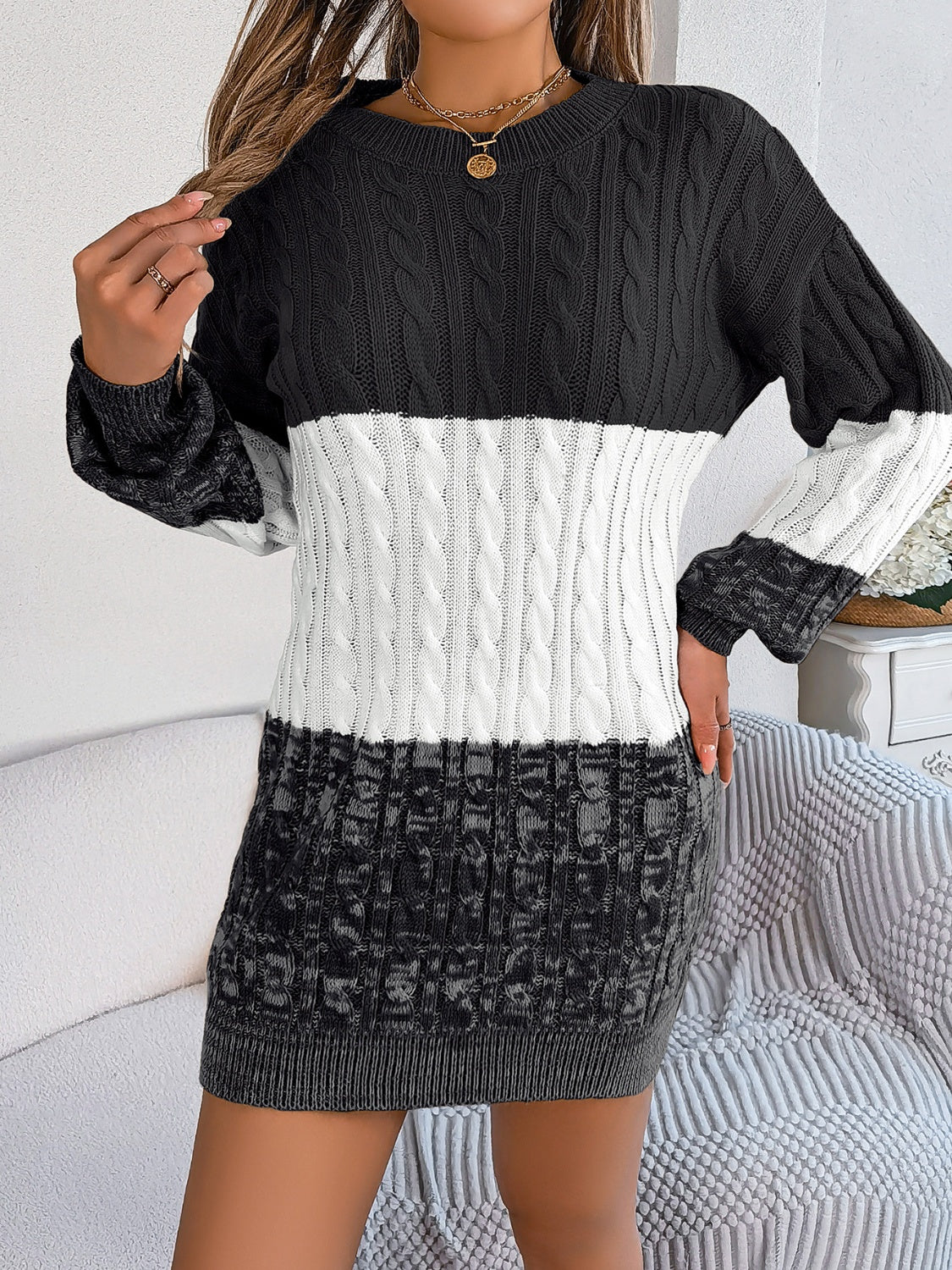 Cable-Knit Round Neck Color Block Sweater Dress for a perfect OOTD – dress to impress outfits from Amexza