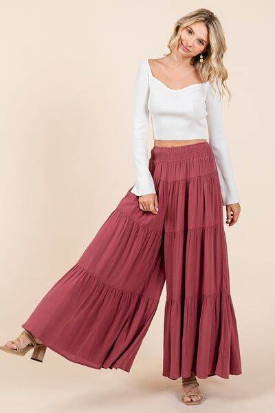 Mittoshop Tier Detail Smocked Elastic Waist Wide Leg Pants - Amexza