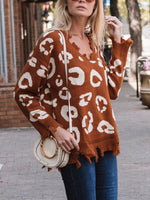 Leopard Frayed Hem Long Sleeve Sweater for a perfect OOTD – dress to impress outfits from Amexza