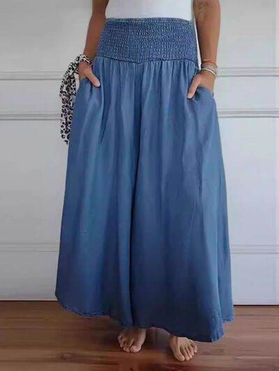 Full Size Smocked Wide Leg Pants with Pockets Dusty Blue for a perfect OOTD – dress to impress outfits from Amexza