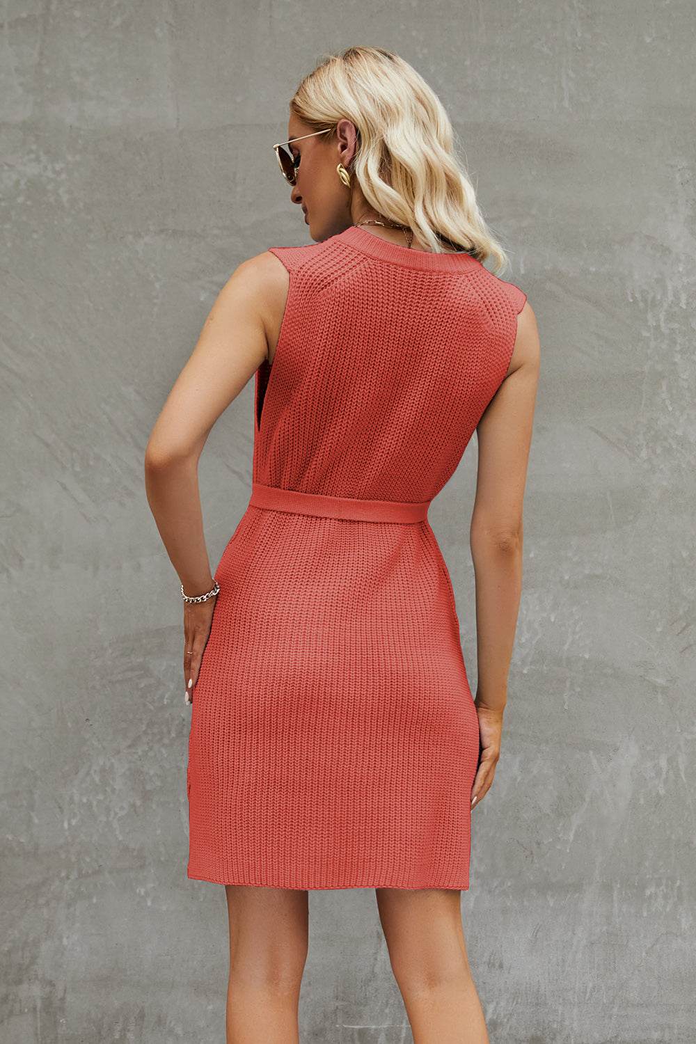 Tied Round Neck Sleeveless Sweater Dress for a perfect OOTD – dress to impress outfits from Amexza