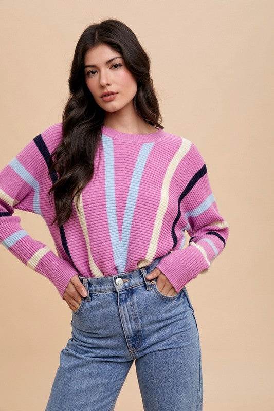 Annie Wear Chevron Stripe Round Neck Ribbed Sweater - Amexza