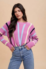 Annie Wear Chevron Stripe Round Neck Ribbed Sweater Orchid for a perfect OOTD – dress to impress outfits from Amexza