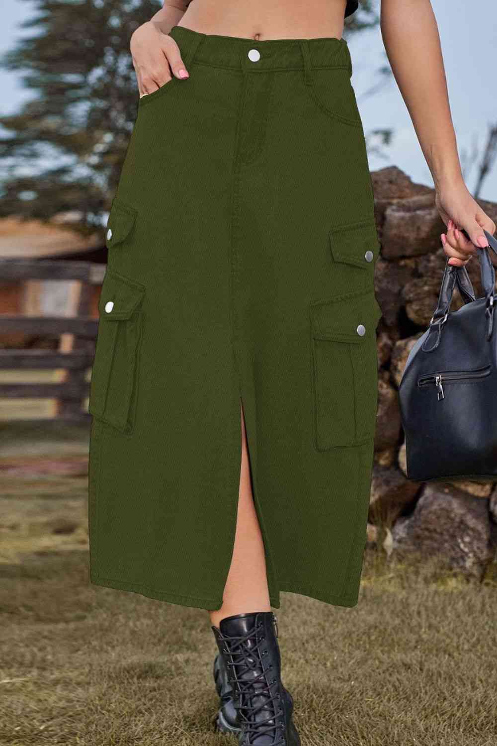 Slit Front Midi Denim Skirt with Pockets Army Green for a perfect OOTD – dress to impress outfits from Amexza