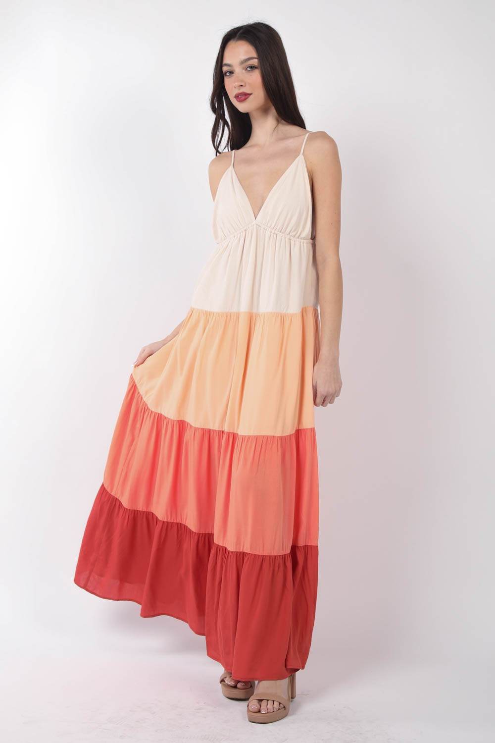 VERY J Color Block Tiered Maxi Cami Dress Sunset Mix for a perfect OOTD – dress to impress outfits from Amexza