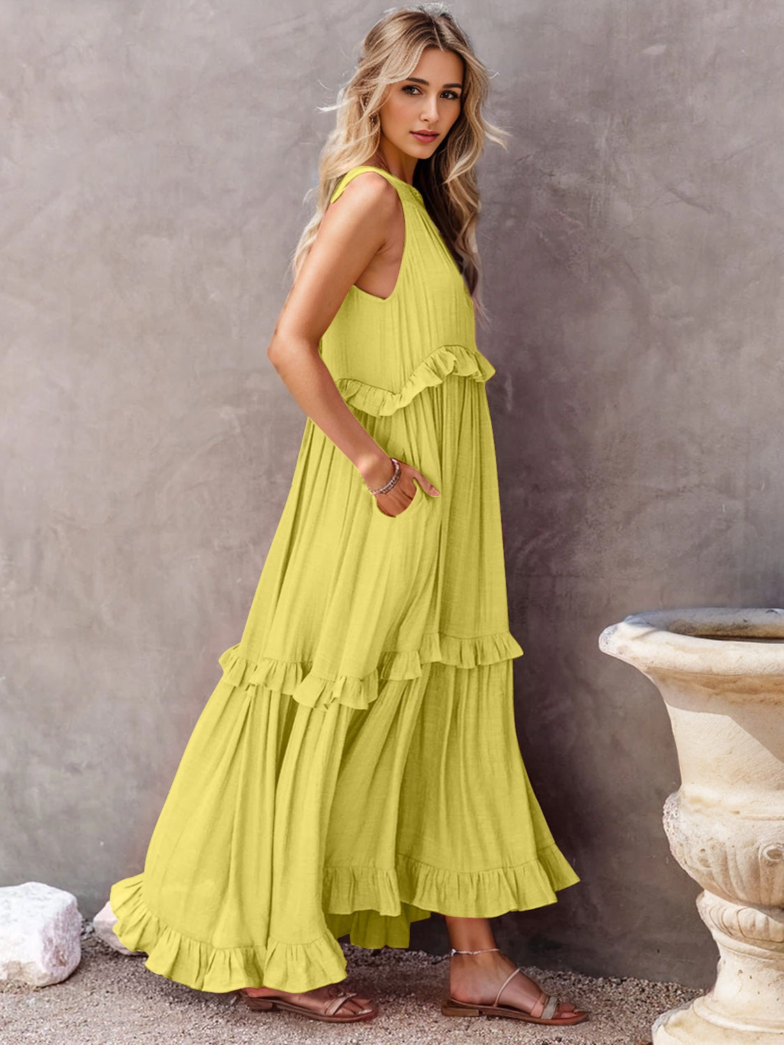 Ruffled Sleeveless Tiered Maxi Dress with Pockets - Chartreuse / S