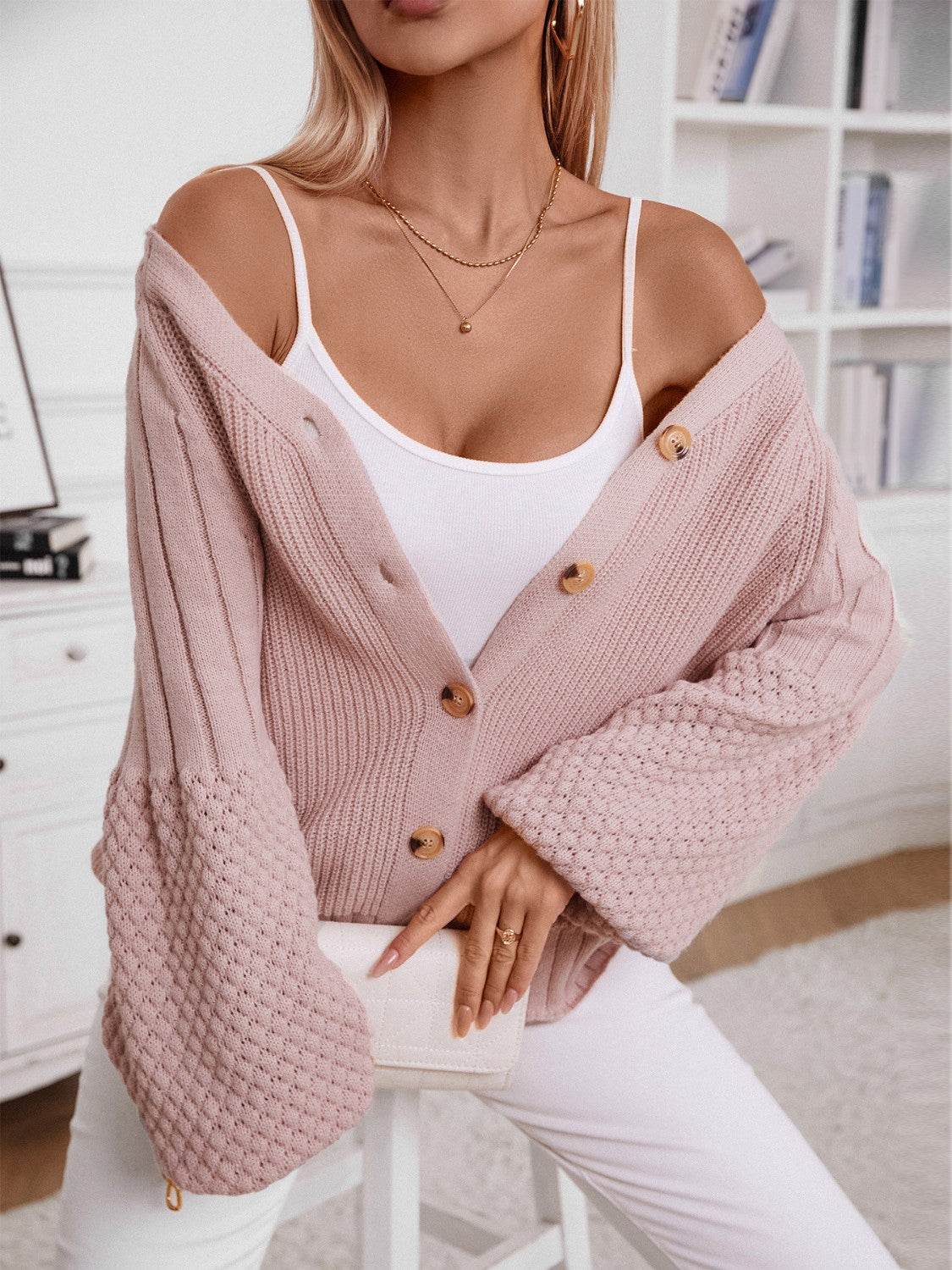 V-Neck Button Up Raglan Sleeve Cardigan Blush Pink for a perfect OOTD – dress to impress outfits from Amexza