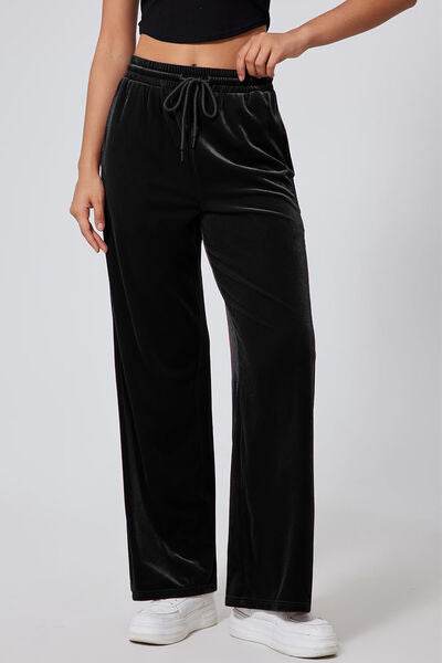 Drawstring Elastic Waist Straight Leg Pants - Amexza