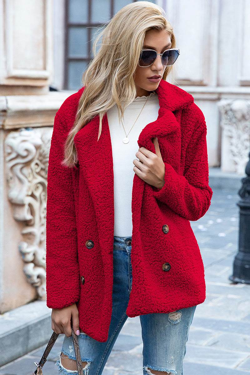 Ivy Lane Full Size Lapel Collar Sherpa Coat Deep Red for a perfect OOTD – dress to impress outfits from Amexza